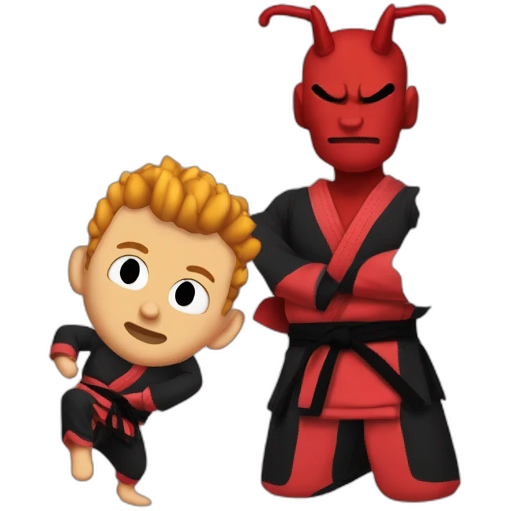 Tall skinny red devil wearing a Jiu-Jitsu black gi with a black belt  emoji