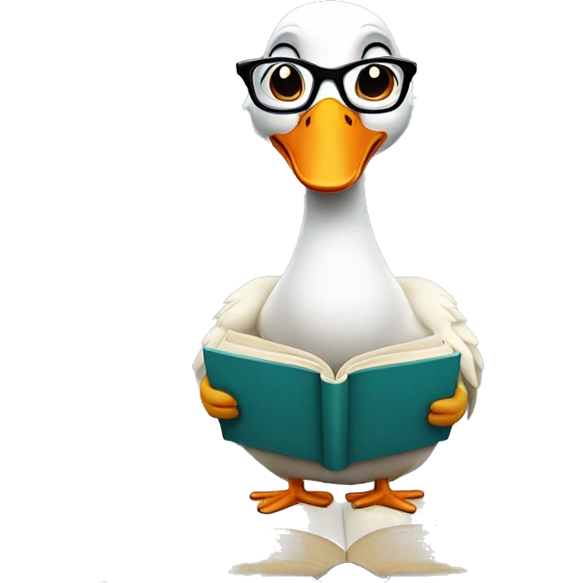 Funny goose in glasses with a book emoji