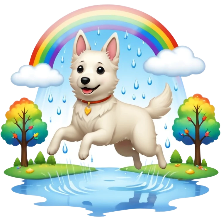 Beautiful White belgian Shepard jumping Cheerful  over Rain puddles. There is a rainbow in the sky and trees in the background emoji