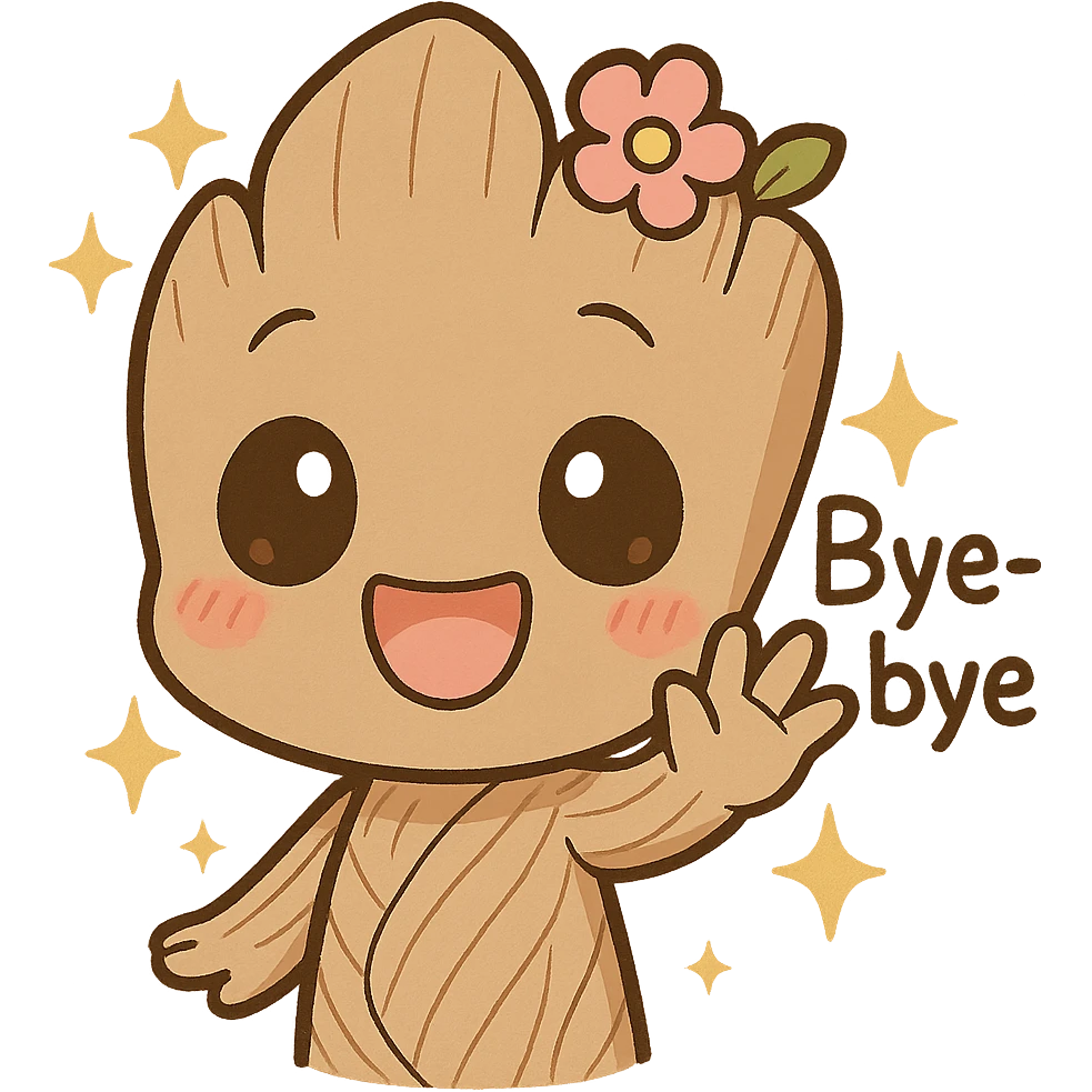 Make Groot even cuter in chibi style, saying bye and waving. Add sparkles, a big smile, and a tiny flower. Remove background. emoji