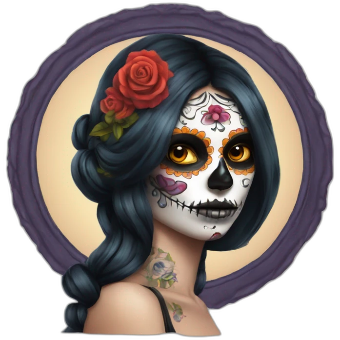 Lady looking over shoulder day of the dead tattoos and missing eye emoji