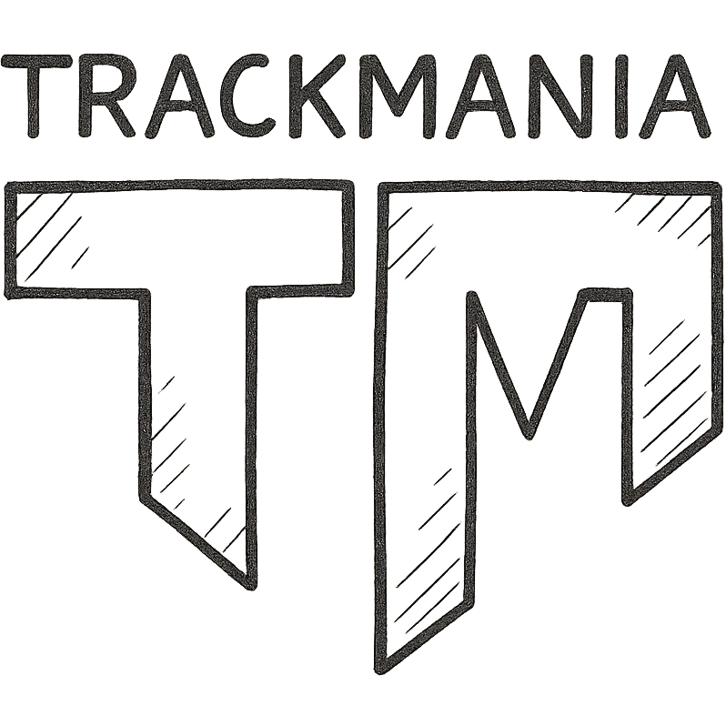 logo with the word 'Trackmania' above a vertically split 'T' and 'M', hand-drawn outlined style emoji