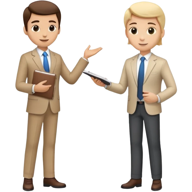 two team members facing each other, one holding a notepad and the other gesturing, in a collaborative pose emoji