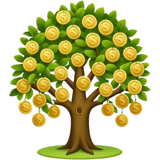 Apple-style money tree, round soft green canopy.
No pot, no ground — only the tree.
Small gold coins as fruits inside the leaves (not below).
Flat 2D vector, clean shapes, no gradients.
Dark near-black background, premium fintech icon. emoji