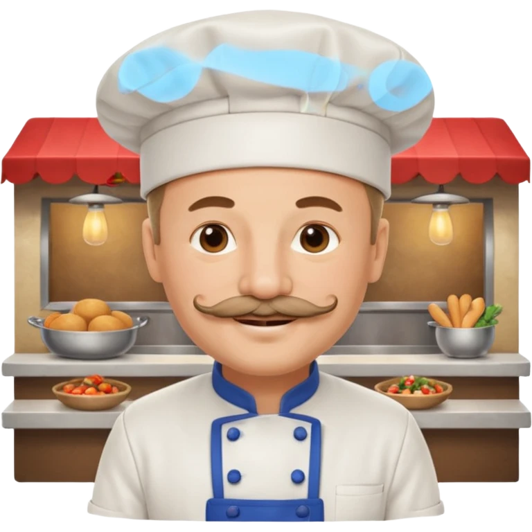 Est-ce que tu peux me faire un chef cuistot qui ressemble à Philippe Etchebest et qui est devant un restaurant? Est-ce que tu peux le faire souriant, avec une moustache de cuistot? 
 emoji