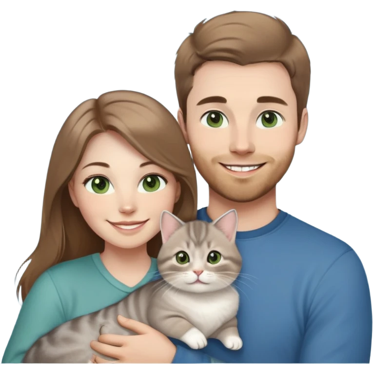 A 31-year-old Caucasian man with short light brown hair, green eyes, and his wife with long light brown hair, gray eyes, smiling. Their baby son with short light brown hair, blue eyes, and a British Golden Chinchilla cat with brown eyes. Warm, cheerful emoji style. emoji