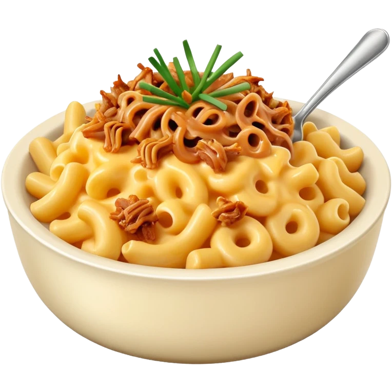 Bowl of Mac and cheese with chives and pulled pork emoji