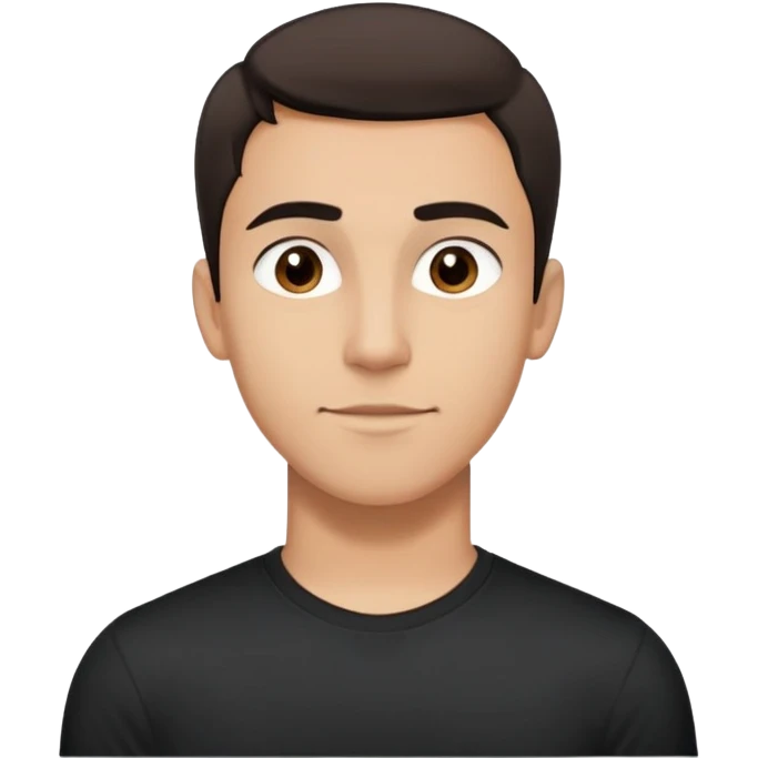 Young man with light brown skin, elongated face, defined jawline, medium dark eyes, arched eyebrows, straight nose, friendly expression, short dark hair styled upward, athletic build, wearing a fitted black t-shirt emoji