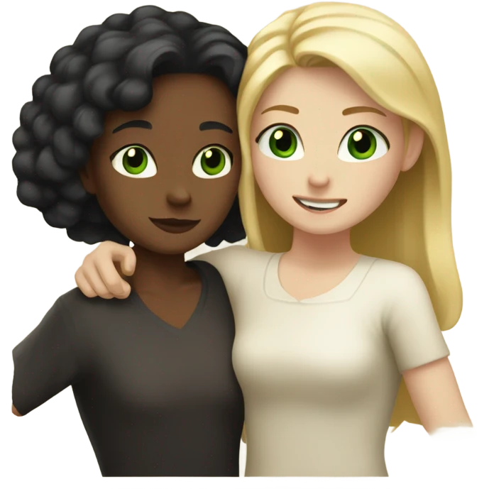 A pale girl with blonde hair green eyes  hugging a brown girl with black hair and brown eyes emoji