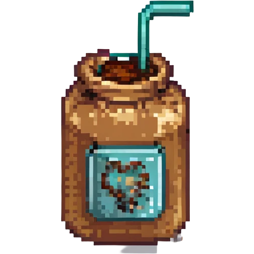 8-bit pixel art emoji, IV bag filled with brown coffee connected to arm, medical parody, on-call humor emoji