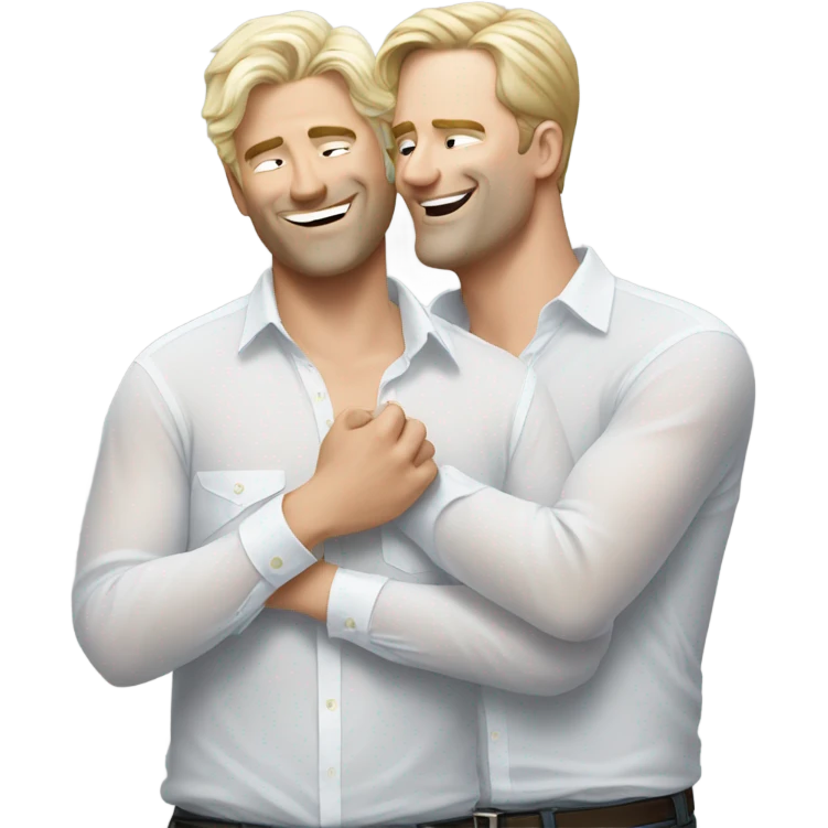 Two white men tenderly embracing see through shirts emoji