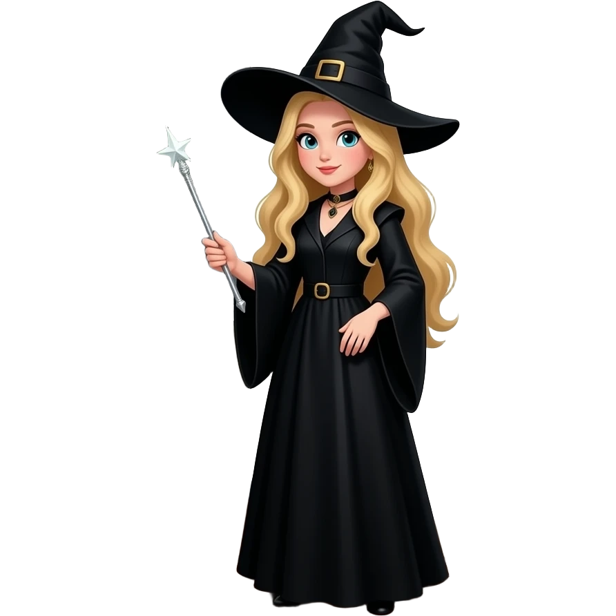 Witch with blonde hair, cauldron, pentagram, black cat, besphamet emoji