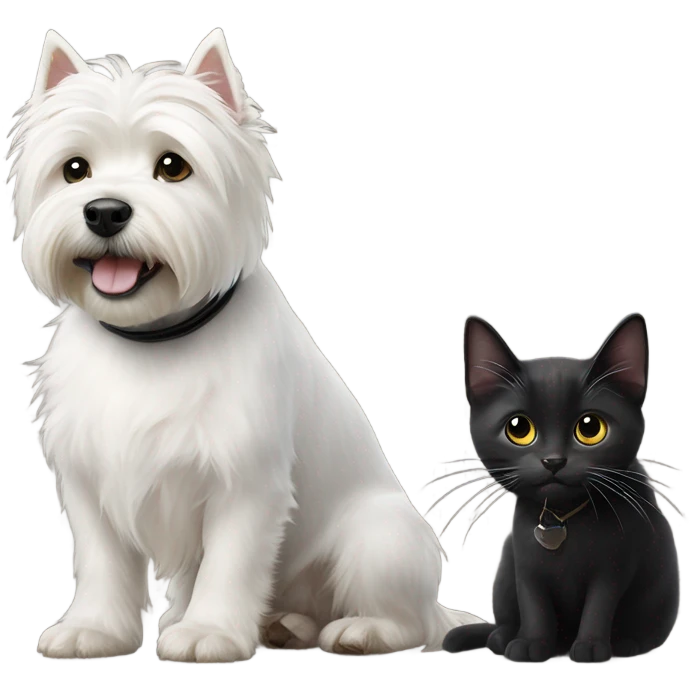 White west highland terrier next to two black cats emoji