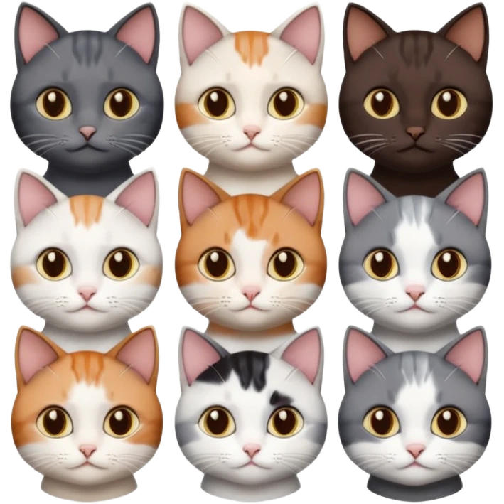 5 different coloured short haired cats including; a dark brown and white cat, and a dark grey and white, and a calico emoji
