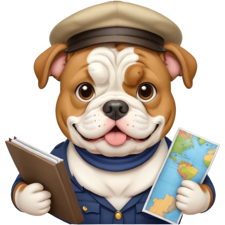 English bulldog as a cheerful tour guide, wearing a hat and holding a map emoji