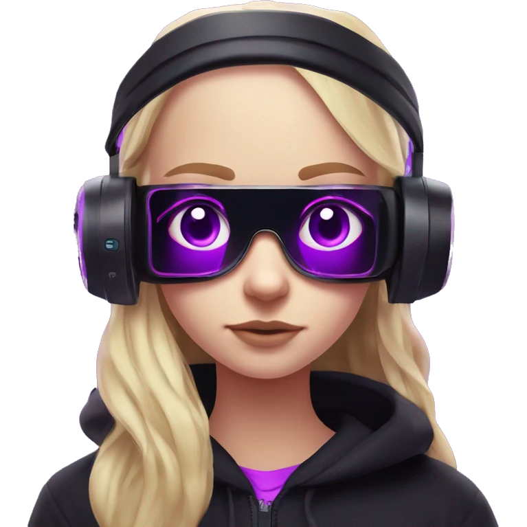Russian cute blond student girl wearing black hoody with violet letters "OMG", in vr headset. No eyes. Cyberpunk style. Violet neon. emoji