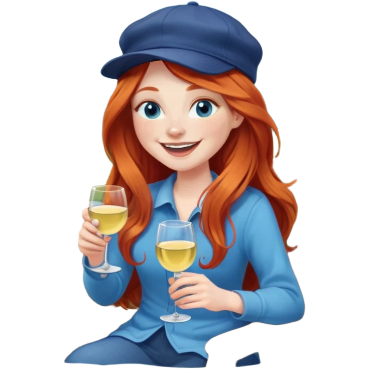 Laughing redhead with long hair and blue eyes wearing cap holding white wine sitting in chair beside fire pit emoji