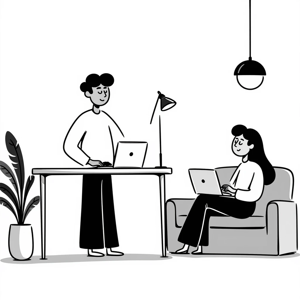 escenary 3d of a cozy mid-century living room with two people working on laptops, one man standing at a desk and one woman sitting on a couch, two walls and floor visible emoji