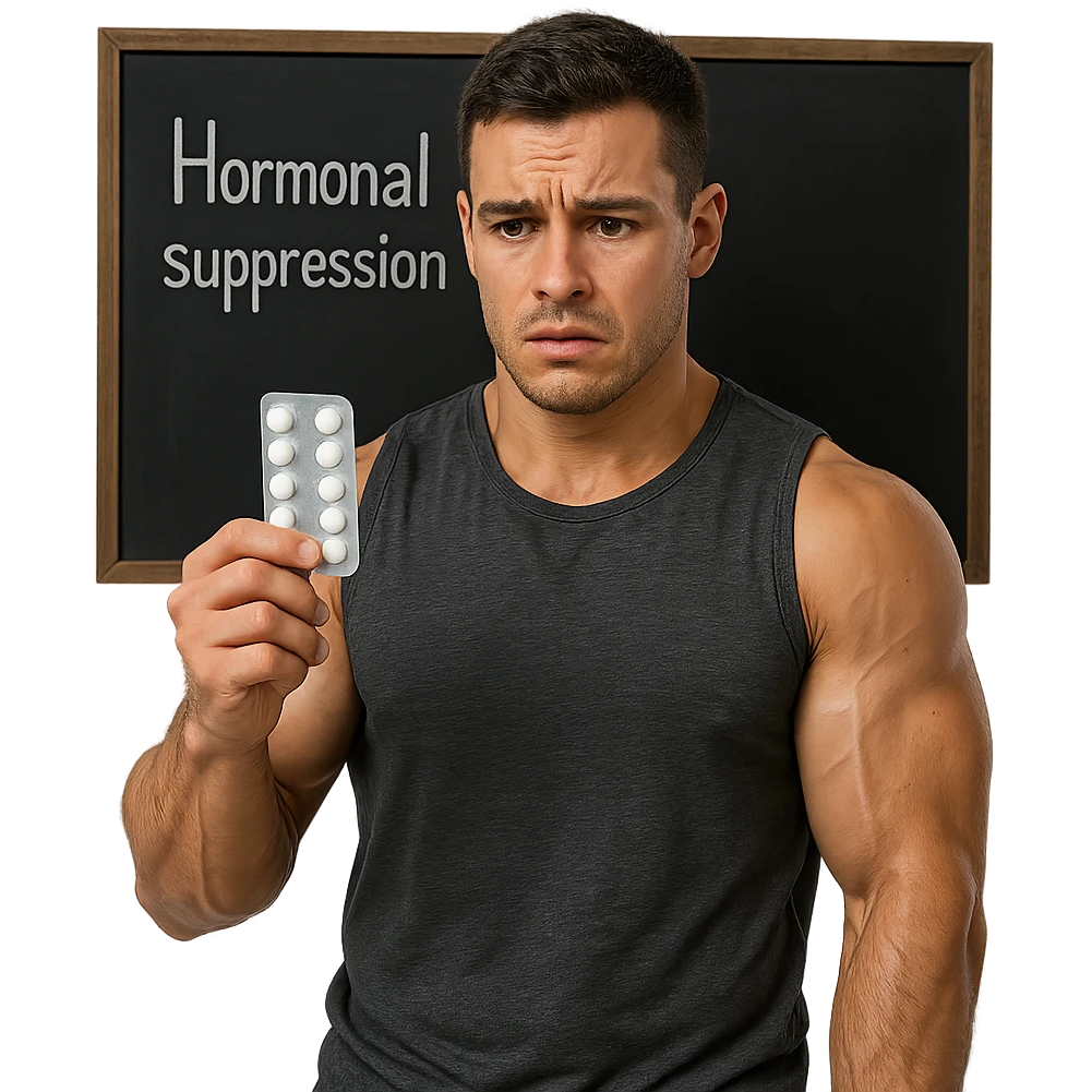 muscular young man in front of blackboard with text 'Hormonal suppression', holding blister pack of pills, worried look, hyper realistic details, isolated on white background emoji