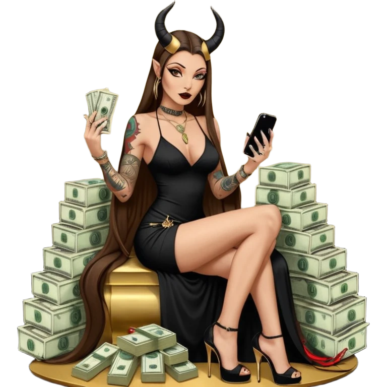 Sensual seductress long brown straight haired sexy drug lord woman with tattoos on arm sleeves and black gold platform high heels on her feet,  and devil black horns on her head, holding a stack of cash, has a phone in other hand. Sitting on gold cases full of drugs, long black dress with sexy slit emoji