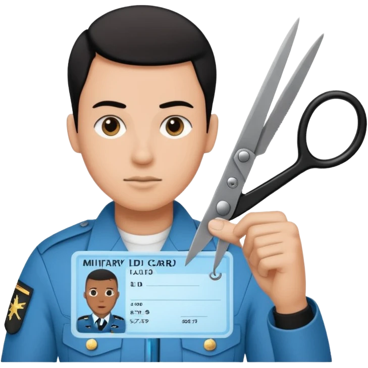 Floating black Scissors cutting a light blue military ID card in 2 parts .hyper realistic emoji