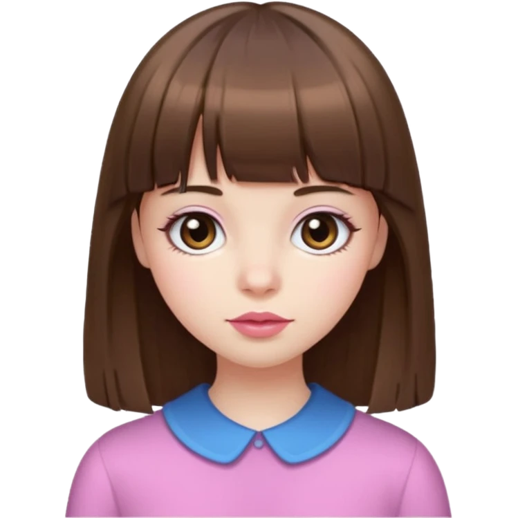 brown straight hair, bangs, big brown eyes, small nose, pale white skin, pink lips emoji