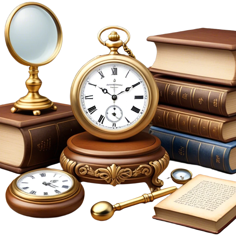 Icon for Antiques Collecting: antique carved  furniture, a vintage pocket watch and a porcelain figurine, all placed on a wooden antique table surrounded by aged books and a magnifying glass. The icon should evoke the elegance and history of antique collecting. Transparent background. emoji