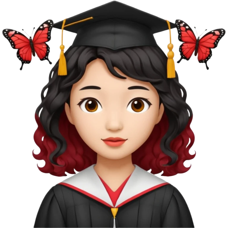 Graduate red asian black hair with wavy butterfly haircut emoji