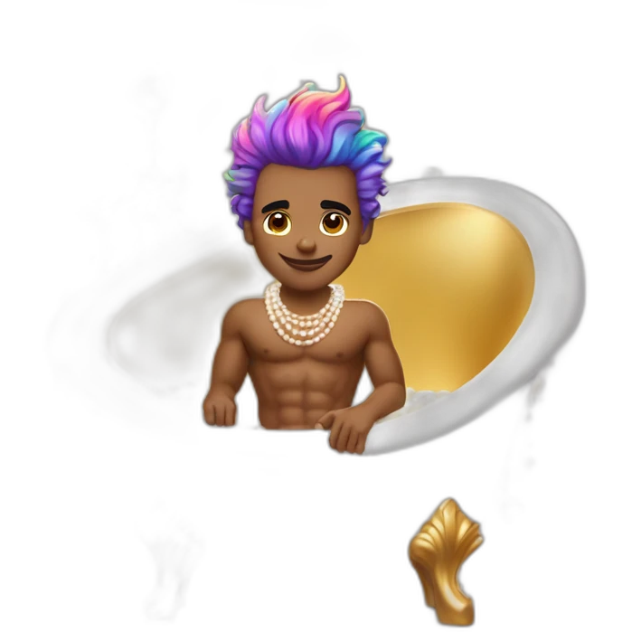 posh-muscle-boy-with-pearl-necklace-and-rainbow-unicorn-hair-in-golden-bathtub emoji