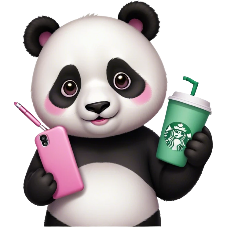 panda on a pink phone wearing makeup with a Starbucks cup emoji