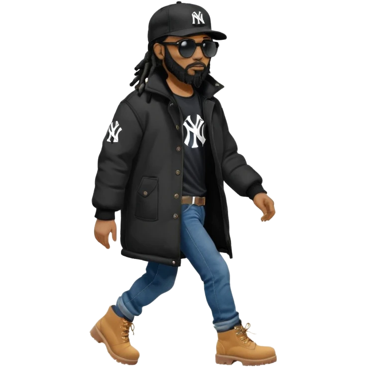 African American man with shoulder length black dreadlocks with black beard wearing black sunglasses wearing a black New York Yankees logo baseball cap wearing a black bubble winter coat with denim skinny jeans and timberland boots walking with hand out emoji