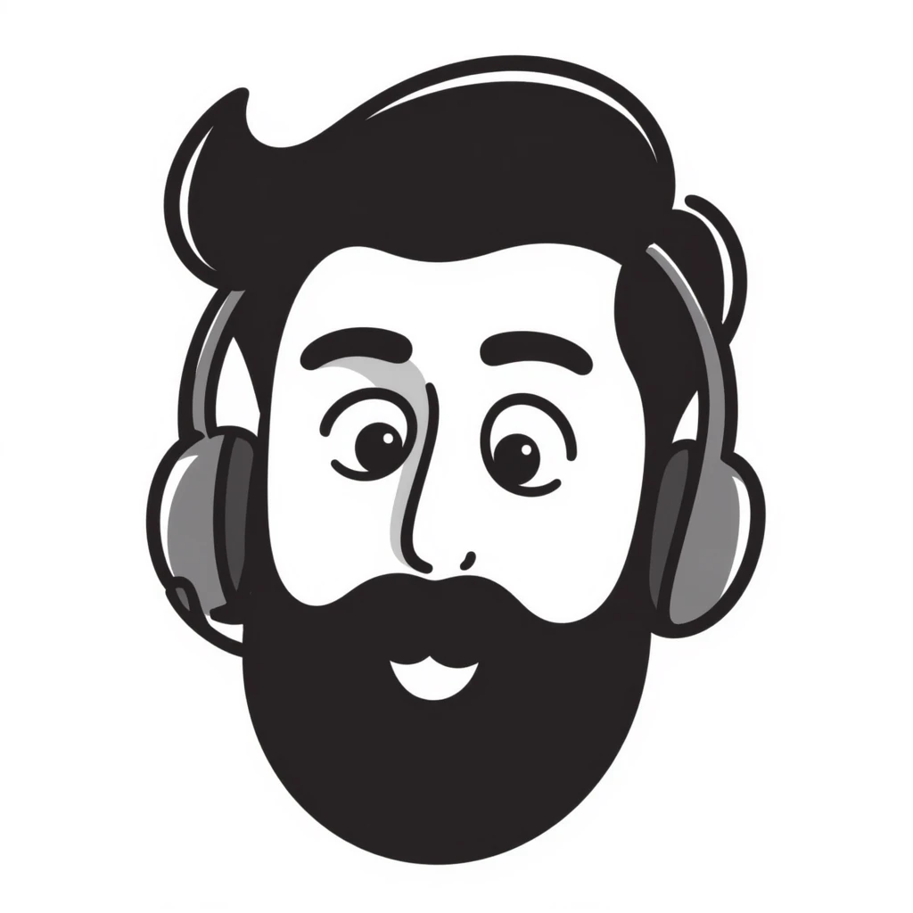 A person with black hair, brown eyes, a black beard, wearing a gaming headset emoji