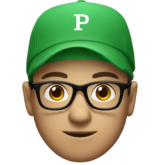 A man wearing a green cap with 'P' on it and black glasses, white skin emoji