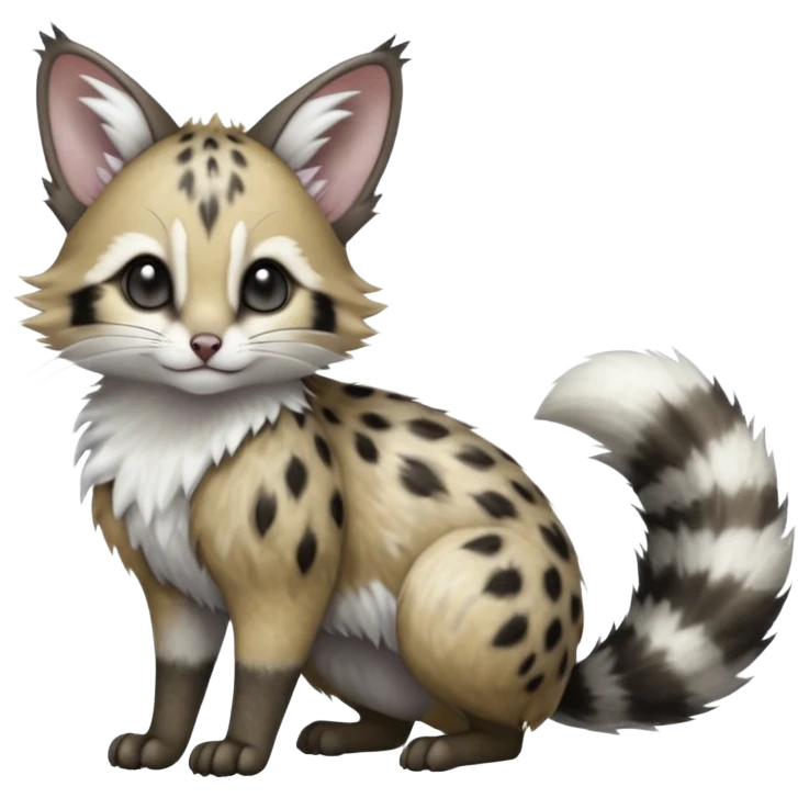 stormcell charcoal fur crackling with silver frost-veins and ghost-dust sheen Hyper-realistic beautiful elegant pretty precious cute  Fakémon-Pokémon-opossum-feline-serval-caracal-chinchilla-Furret-Minccino-hybrid-creature with a big fluffy bushy tail (full body) emoji