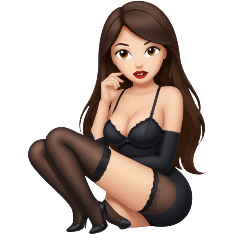 Beautiful Buxom medium skin brunette with full lips, long hair and brown eyes, intimate, black nylon stocking pose, sfw emoji