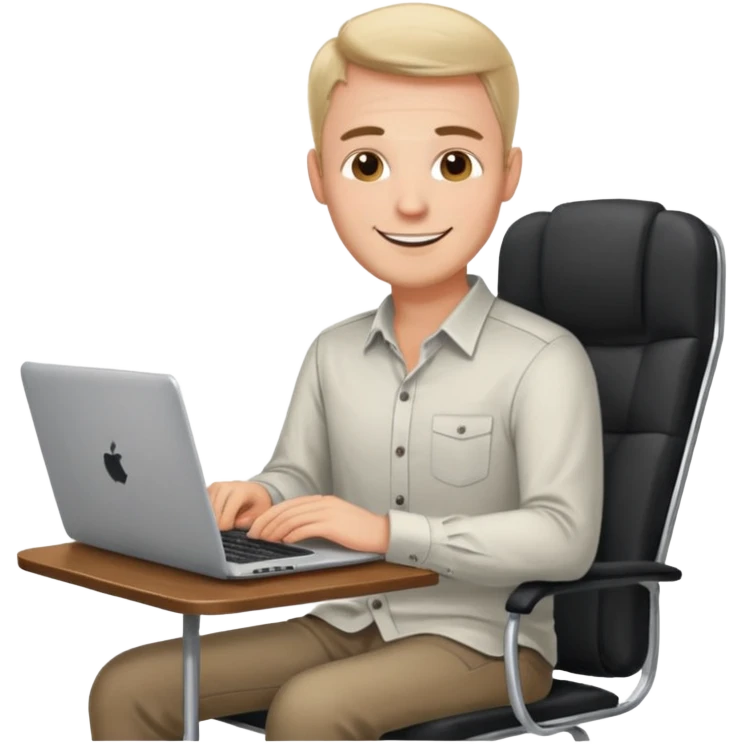 Rich man working setting on a chair in shirt and near the table with laptop he is german very beautiful looks like emoji