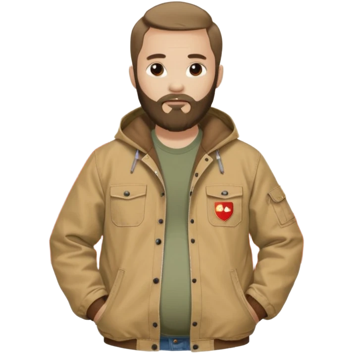 Bearded man with pregnant belly poking out of shirt wearing a tan canvas carhartt jacket next to chinese flag emoji