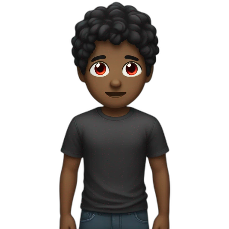 A dark boy with black hair wearing a T-shirt with red eyes emoji