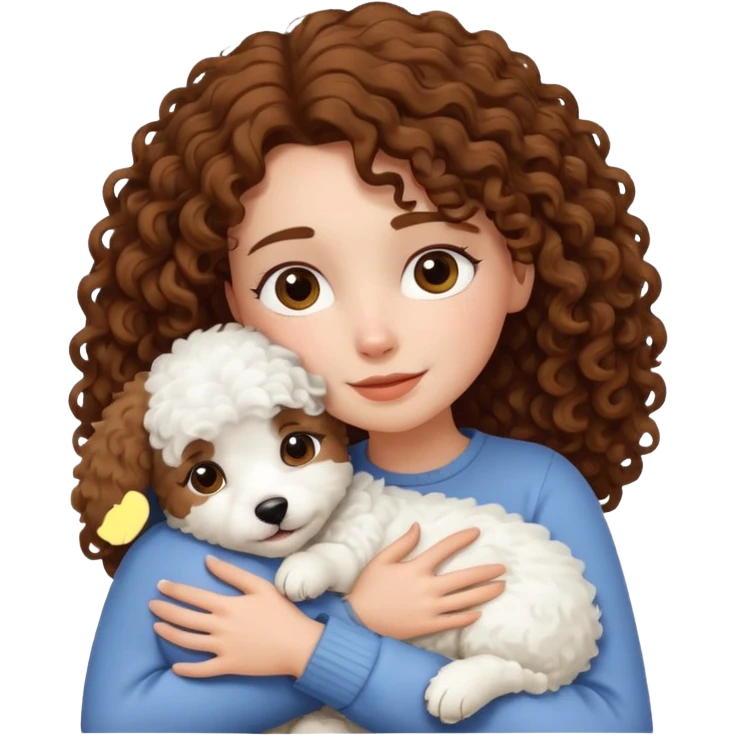 A woman with curly hair Hugging her white furry dog  emoji