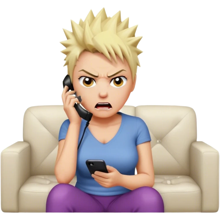Short Blonde spikey mature woman on the phone angry sat on the sofa emoji