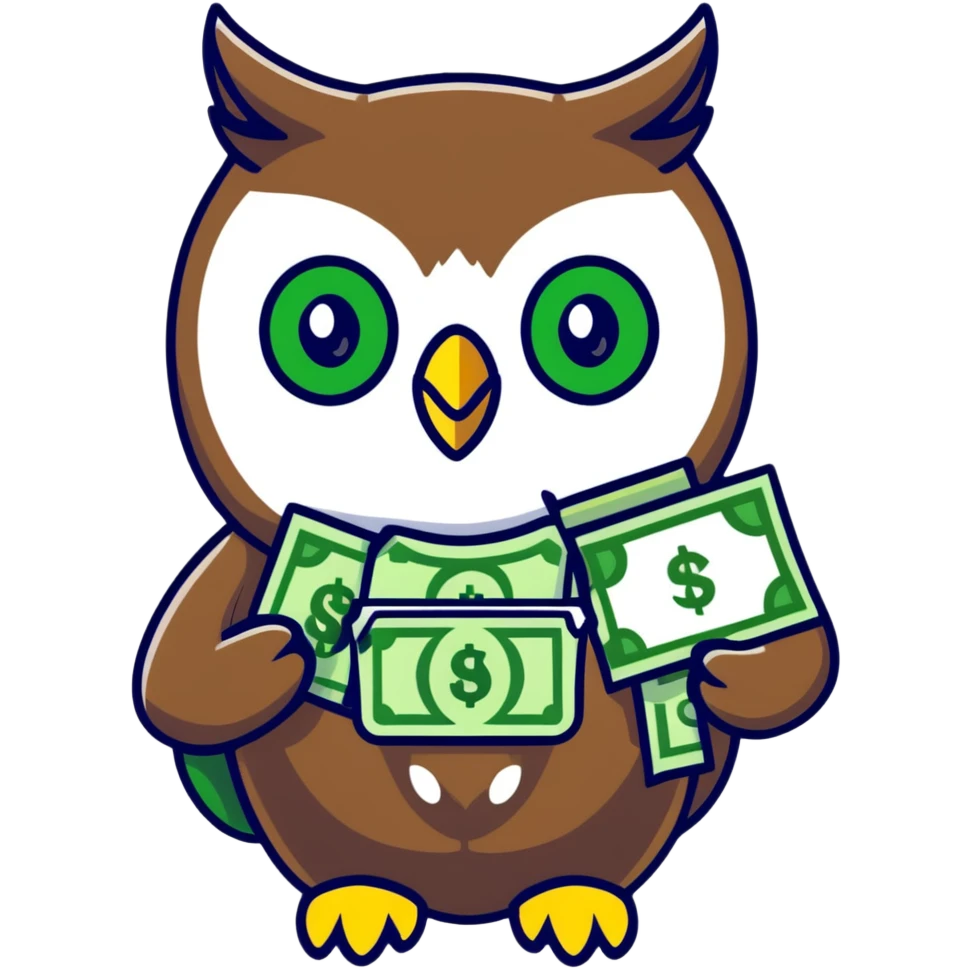 charming pastel-toned owl character, large green eyes, golden feathers, holding a money pouch in its feet, sticker style, emphasizing sparkling effect emoji
