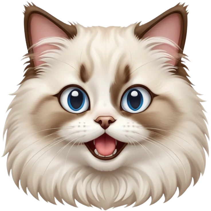 cinematic-adorable-big-eyed-fluffy-ragdoll-cat-portrait-emoji,-head-tilted-playfully-with-a-cute,-yawn,-white and brown fur,-simplified-yet-irresistibly-cute-features, blue eyes emoji