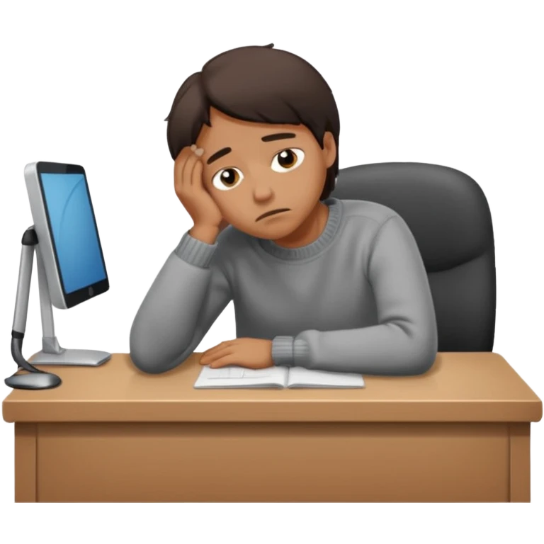 A person wearing a jumper experiencing burnout, exhausted and overwhelmed, tired eyes, slumped posture, sitting at a desk, iOS emoji style emoji
