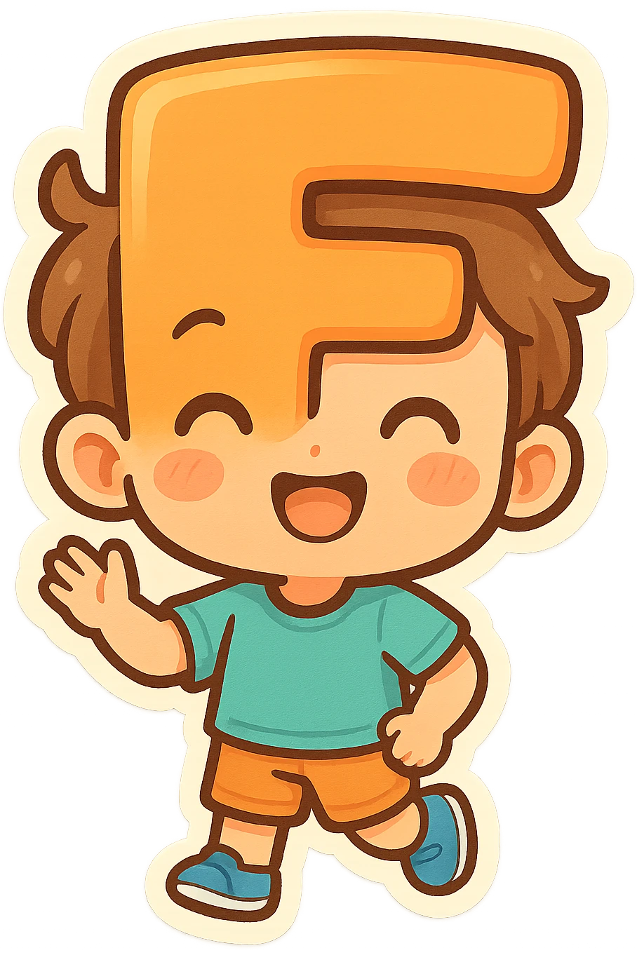 a cartoon kid with a head that is the letter F, expressive and cute, colorful, playful, friendly emoji