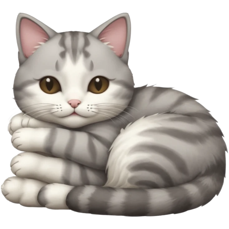 1 grey and white small cat with its eyes closed lying down leaning on its elbow with its paw curled under his head holding it up emoji