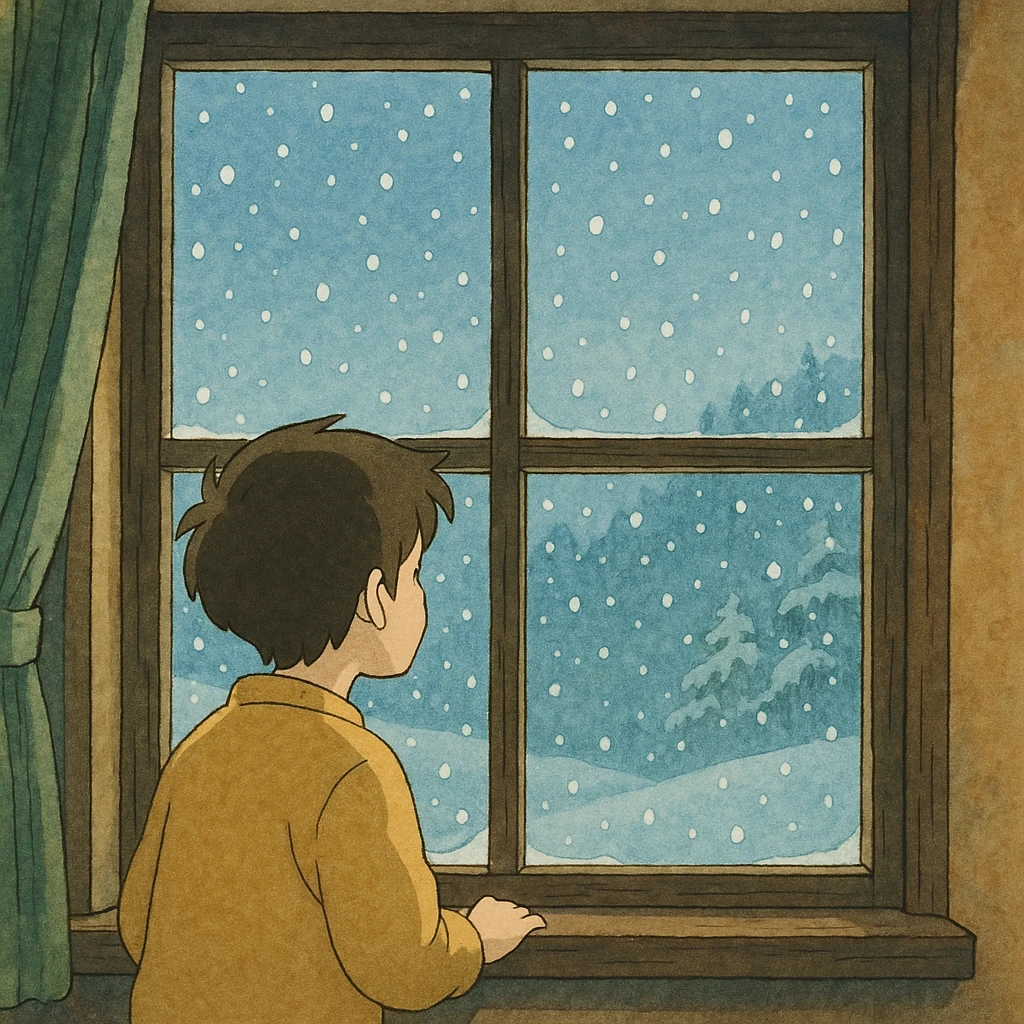 ghibli style illustration of someone watching snow fall through a window emoji