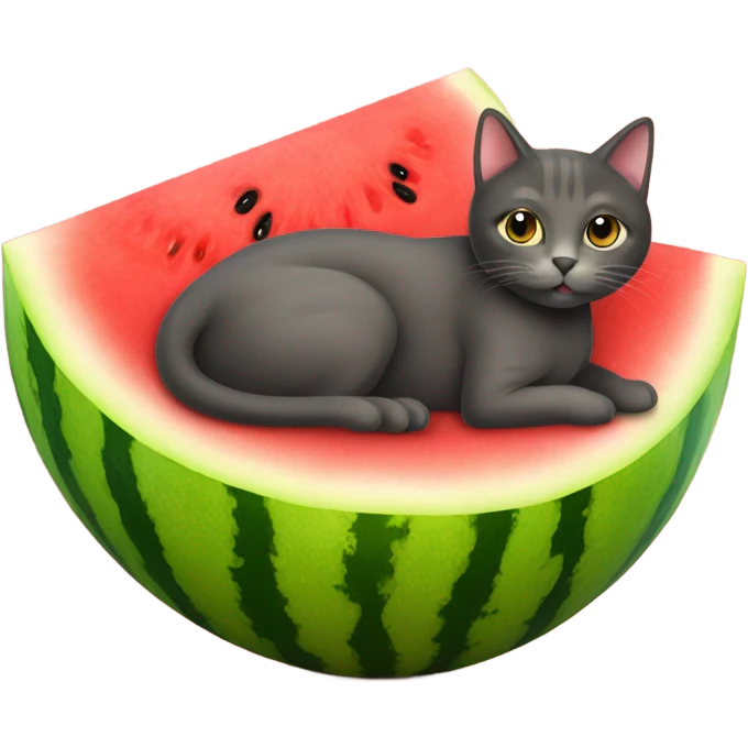 cat laying on stomach on a watermelon emoji