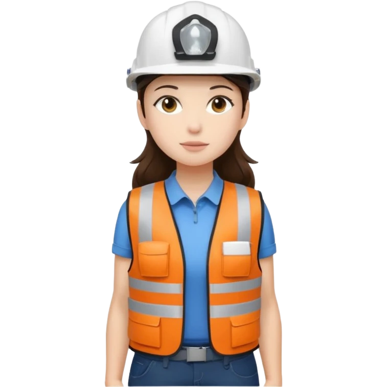 Brunette brown Girl full body standing with her white security helmet and security vest that fits her large on, also with her black backpack. Full body emoji