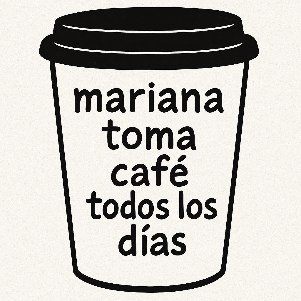 Make the coffee cup much larger while keeping the phrase 'mariana toma café todos los días' in doodle style with background. emoji