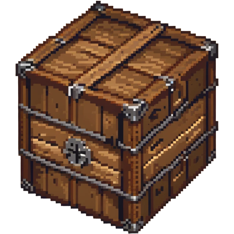 Wooden crate with metal reinforcements, color #c2410c with darker wood grain, visible wood grain texture, metal bands across the crate, slight 3D effect with shading, breakable appearance, small warning symbol, 32x32 pixels emoji